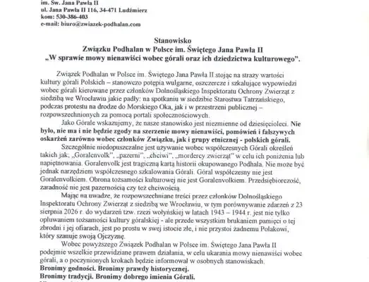 Związek Podhalan potępia mowę nienawiści wobec górali i zapowiada kroki prawne