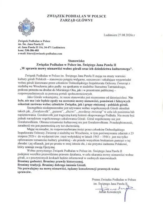 Związek Podhalan potępia mowę nienawiści wobec górali i zapowiada kroki prawne