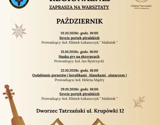 Klub Kultury Regionalnej w Zakopanem zaprasza na październikowe warsztaty